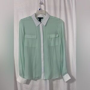 White House Black Market Sheer Mint Green Blouse with White Collar